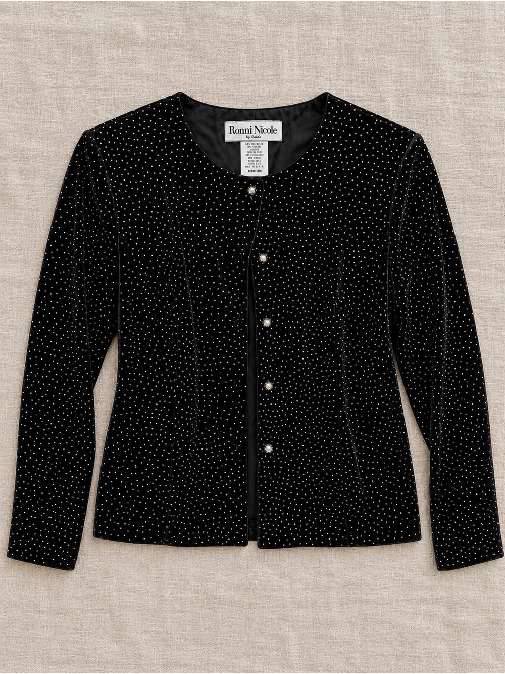 Vintage 90s Ronnie Nicole Black Velvet Rhinestone Cardigan Top Size M - Picture 3 of 5